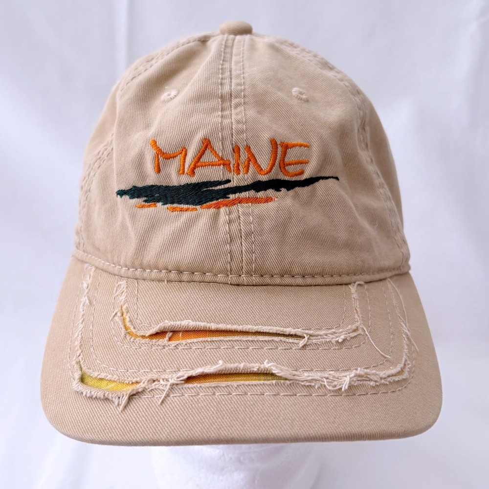 Tan Distressed Embroidered Maine Baseball Cap Adjustable Dad Hat Plaid Under
